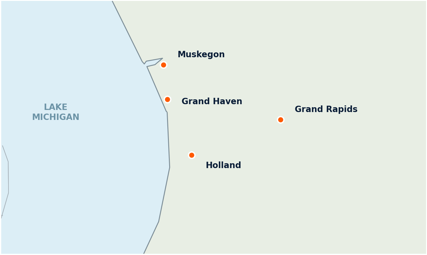 Map showing QuickStack service in Muskegon, Grand Haven, Holland, Grand Rapids, and surrounding West Michigan communities